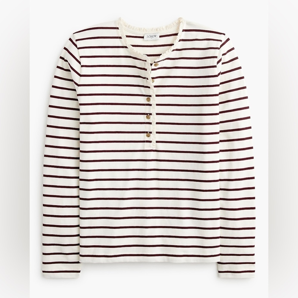 J crew ivory vintage burgundy Striped ruffle-collar henley